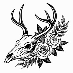 Deer Skull with Antlers and Roses Line Art,  Black and White Floral Tattoo Design
