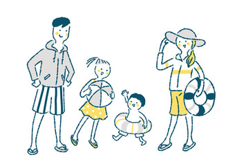 海水浴やプールを楽しむ水着姿の家族4人のイラスト