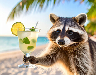 A cheerful raccoon stands on a tropical beach under palm trees, holding a refreshing cocktail with lime and mint, enjoying the sunny and relaxing seaside atmosphere.