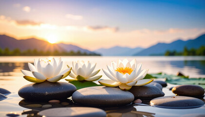 Three elegant white lotus flowers rest gently on smooth black stones in a calm lake, with mountains and a golden sunset reflecting on the tranquil water