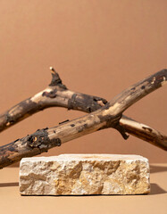 Fototapeta premium Stone pedestal and dry tree branch. Podium for product presentation. Minimalist design. Mock-up.
