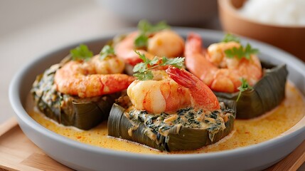 Shrimp on Banana Leaves with Creamy Coconut Sauce and Fresh Herbs Delightfully Arranged