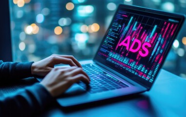 Laptop displaying "ADS" graphic over data charts.  Hands typing