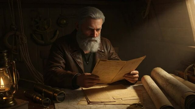 Pirate Reading Map - Man in costume studying treasure map