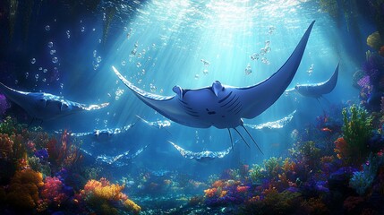 Majestic manta rays glide through vibrant coral reef, sunlight streams from above
