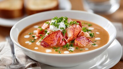 Delicious Lobster Bisque Soup Topped with Fresh Chives and Cream Served in a White Bowl