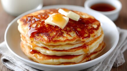 Delicious stack of fluffy pancakes topped with butter and syrup on a rustic wooden table