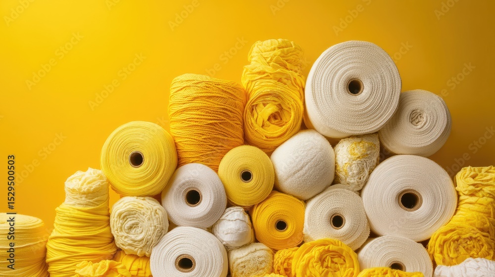 Poster stacked textile rolls in warm cream and yellow for aesthetic background use