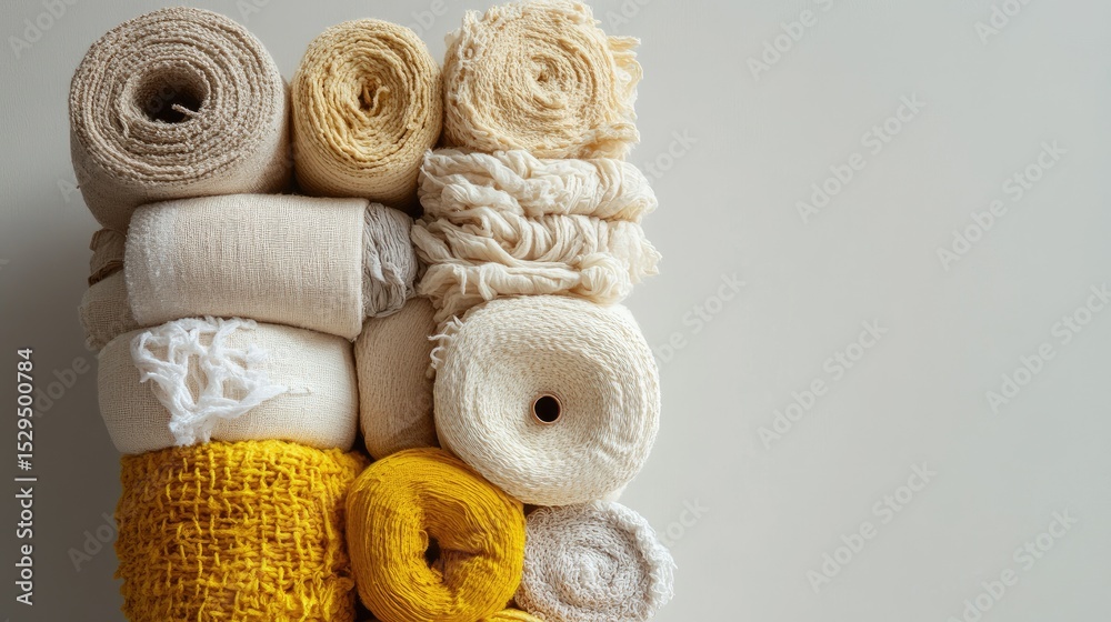 Poster stacked textile rolls in warm cream and yellow for aesthetic background use
