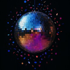 Shiny mirror disco ball surrounded by colorful confetti on a black background. Party scene with a vibrant and festive vibe.