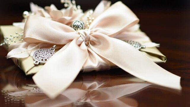 Close up of a gift wrapped in gold paper with a large cream colored bow and a silver charm on it