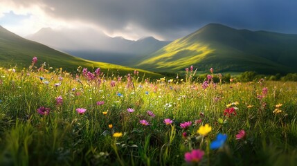 Soft-focus image of pastel wildflowers in highland field, gentle sunlight and hills