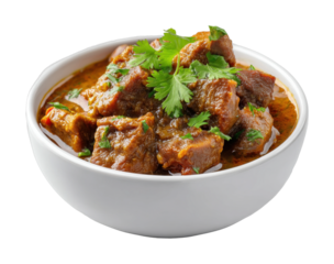PNG Delicious spicy beef curry in white bowl garnished with fresh cilantro