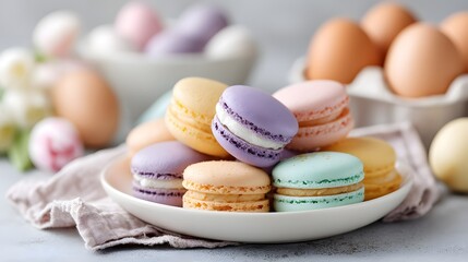 Colorful French Macarons with Fresh Eggs and Soft Pastel Background for Delightful Treats