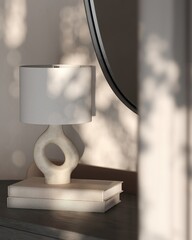Light home bedroom interior bed, nightstand with lamp on carpet. Modern sleep room with wooden...