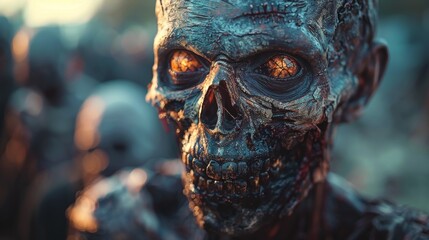 A haunting zombie figure with glowing eyes stands ominously, showcasing intricate details that highlight the eerie atmosphere of the setting and evoke a sense of fear.