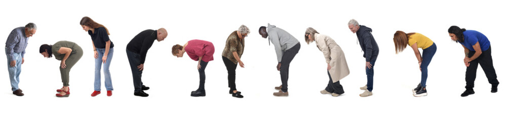 side view of group of people leaning forward and looking at the ground on a white background