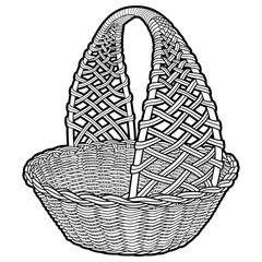 Cartoon hand drawn wicker basket isolated on white background. Vector doodle illustration	