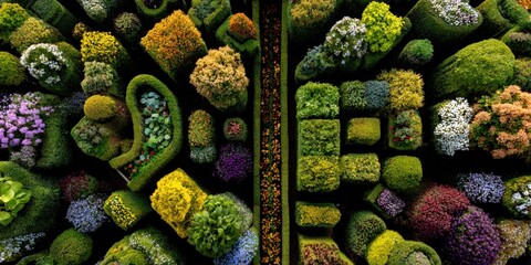 Natural Plant Maze Top View – Aerial Background of Green Organic Garden Labyrinths, Nature-Inspired Landscape Design, Copy Space