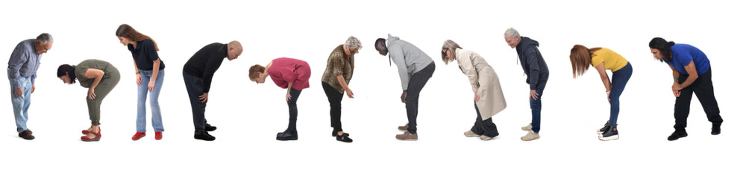 side view of group of people leaning forward and looking at the ground on a white background
