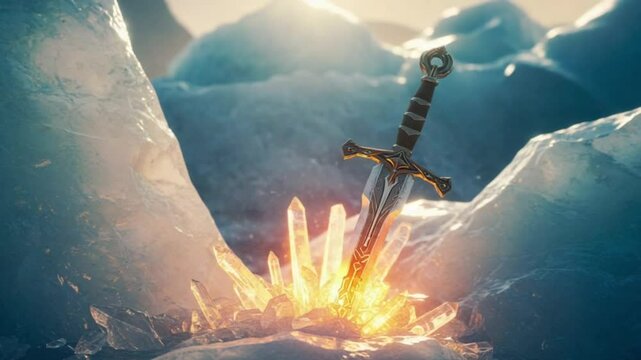 An ancient and mythical sword set against a dramatic landscape. Fantasy background 3d mixed media.