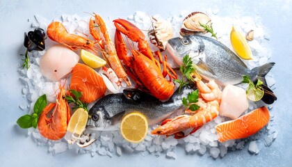 Fresh seafood assortment on ice with lemon and herbs display