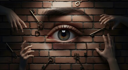 Surreal 3D Collage with Eye, Keys, and Hands in Dark Brick Wall – Conceptual Abstract Render