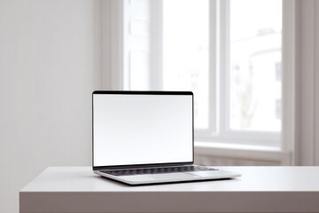 Fototapeta premium laptop on minimalist desk with open videoconferencing app window sleek setting
