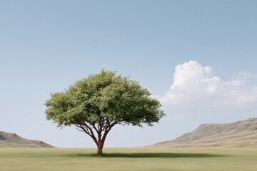 Obraz premium lone apricot tree in serene uzbek landscape stands under infinite sky embodying minimalistic beauty