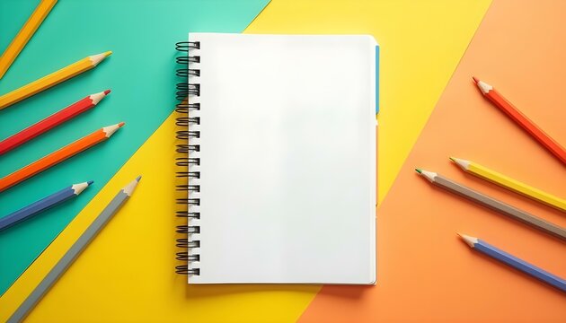 Blank Spiral Notebook with Colored Pencils on a Vibrant Geometric Background