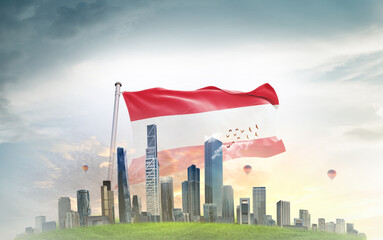 Austria national flag wavering with modern building skyline. Country showing stronger and...