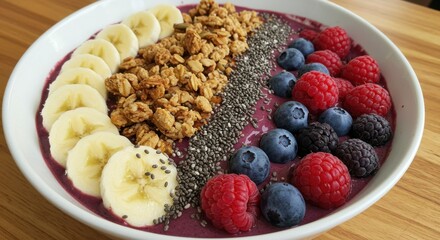Vibrant acai bowl with banana slices, granola, chia seeds, and mixed berries