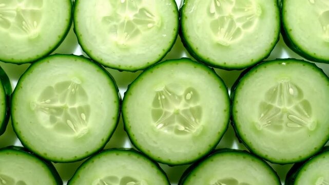 Rows of refreshing cucumber slices arranged closely, showcasing their circular shapes and internal patterns in an overhead shot.