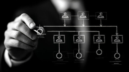 Man in black suit is writing organizational structure diagram on transparent board, symbolizing business planning