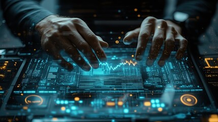 Close-up of hands holding ,interface hologram ,blue glow, technology concept