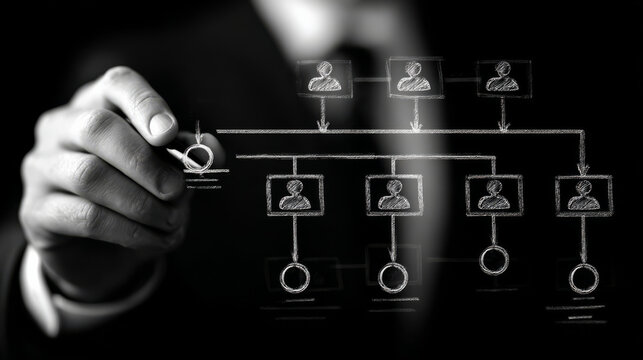 Man in black suit is writing organizational structure diagram on transparent board, symbolizing business planning