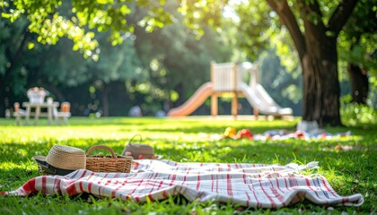 Picnic on green grass, a playground distant. Blanket, hat, basket in foreground, bright sunny day