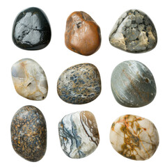 Smooth stones in various colors and patterns are arranged in grid, showcasing their natural beauty and unique textures. These stones evoke sense of calm and connection to nature