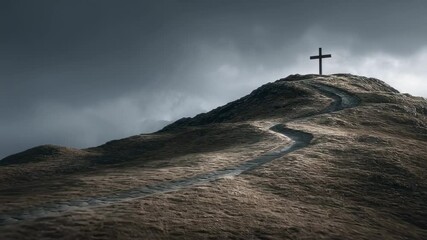 Concept photo of a cross on a hill, with a winding path leading up to it, symbolizing the journey of faith and the challenges and triumphs along the way. - Powered by Adobe