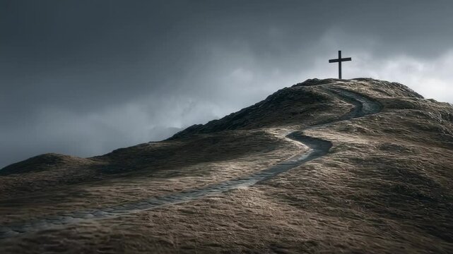 Concept photo of a cross on a hill, with a winding path leading up to it, symbolizing the journey of faith and the challenges and triumphs along the way.
