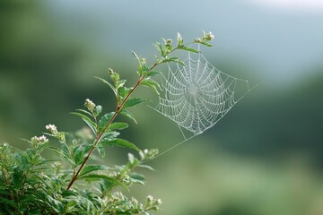minimalistic photo capturing spider web glistening with morning dew drops beautifully illuminated by gentle sunlight