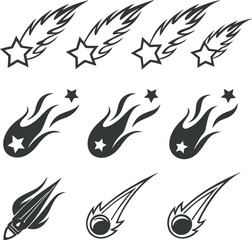 This collection of black and white silhouette images features various celestial elements, including crescent moons, stars, and meteors or comets.