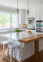Bright White Kitchen with Wood Island and Breakfast Bar