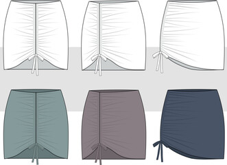 Asymmetric mini skirt set with gathered detail fashion technical drawing, illustration. woman mini skirt with bow technical drawing, flat sketch,  CAD, mock up set.