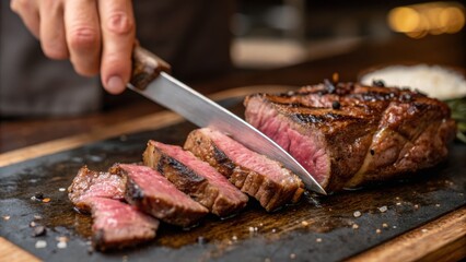 A hand slices a perfectly cooked medium-rare steak on a wooden cutting board, showcasing juicy, tender meat with a seared crust.