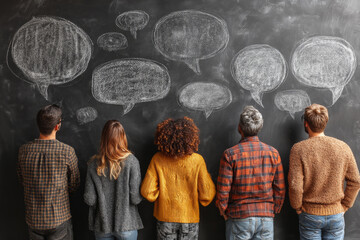 Five people stand facing chalkboard with speech bubbles drawn, symbolizing communication and teamwork