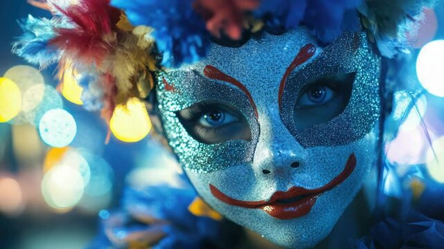 A person wearing a masquerade mask and costume with vibrant colors, dancing at night in the city.