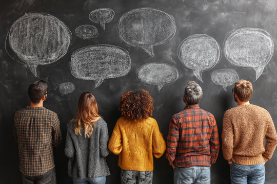 Five people stand facing chalkboard with speech bubbles drawn, symbolizing communication and teamwork