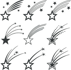 This collection of black and white silhouette images features various celestial elements, including crescent moons, stars, and meteors or comets.