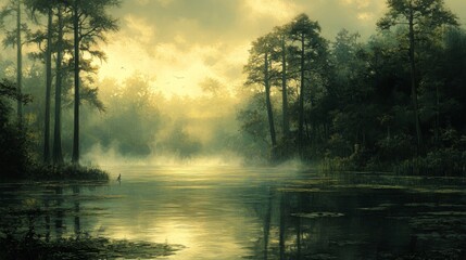 Obraz premium Misty Swamp Sunrise Landscape Painting